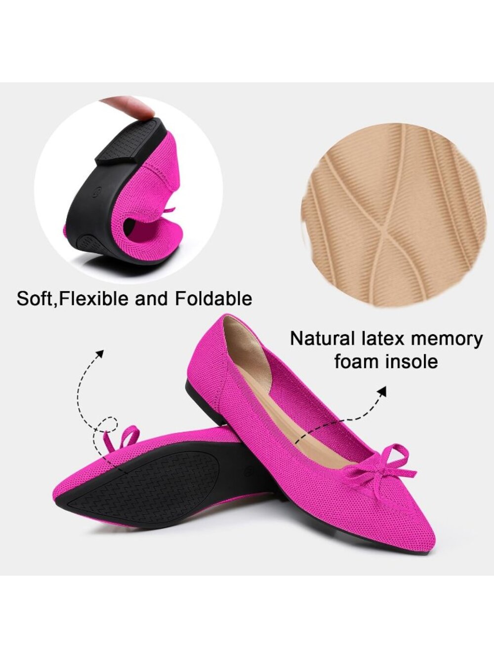Women's Pink Rubber Knit Pointed Toe Ballet Flats Bow Slip On Comfortable Shoes - Picture 5 of 6